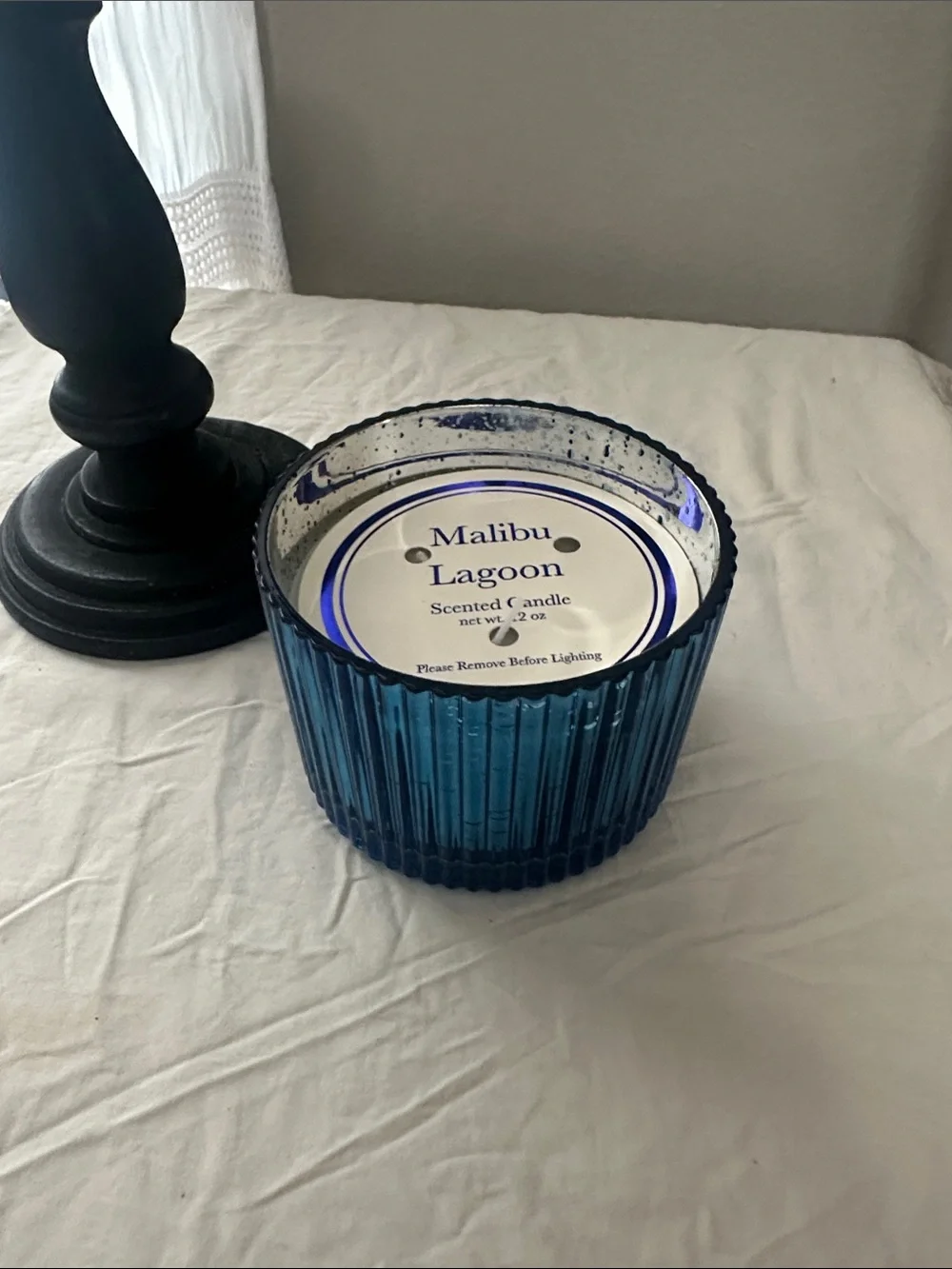 Malibu Lagoon Blue MercuryGlass Candle Jar & Black Wood candle stick. NWT